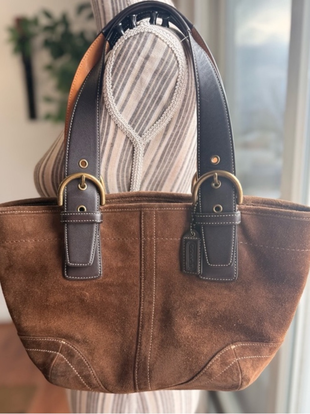 Coach Brown Suede Shoulder Bag with Buckle Brown Leather Handles